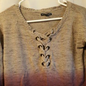 AMERICAN EAGLE Lace up Sweater Top XS Beige Purple V-neck Ombre Heathered LongSl
